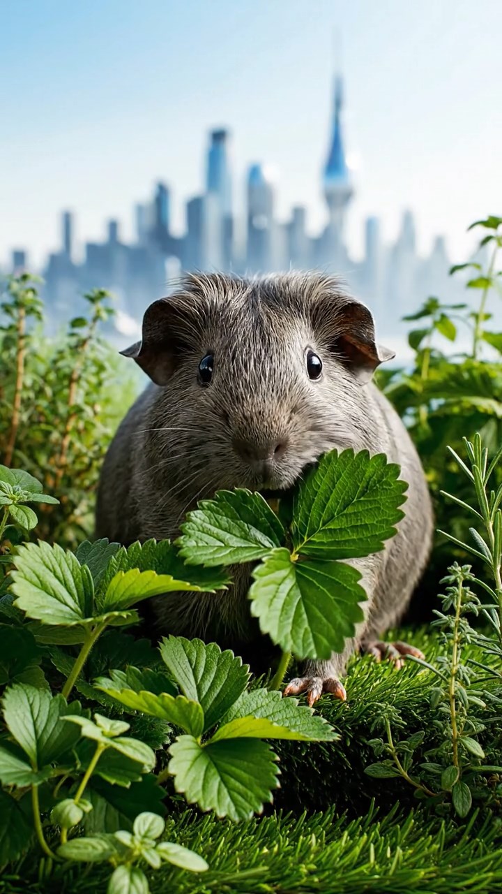 2127. Photorealistic photo of 1 smooth haired Rex guinea pig with gray fur. munching on strawberry leaves. on a sustainable roof garden with herbs and city horizons.