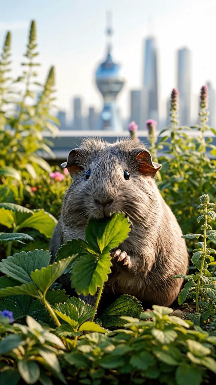 2127. Photorealistic photo of 1 smooth haired Rex guinea pig with gray fur. munching on strawberry leaves. on a sustainable roof garden with herbs and city horizons.