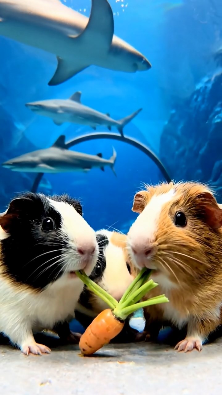 2128. Realistic depiction of 4 smooth haired Coronet guinea pigs featuring black. brown. and cream coats. sharing carrot tops. in an immersive marine tunnel with sharks overhead.
