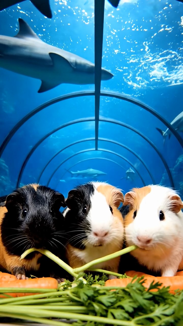 2128. Realistic depiction of 4 smooth haired Coronet guinea pigs featuring black. brown. and cream coats. sharing carrot tops. in an immersive marine tunnel with sharks overhead.