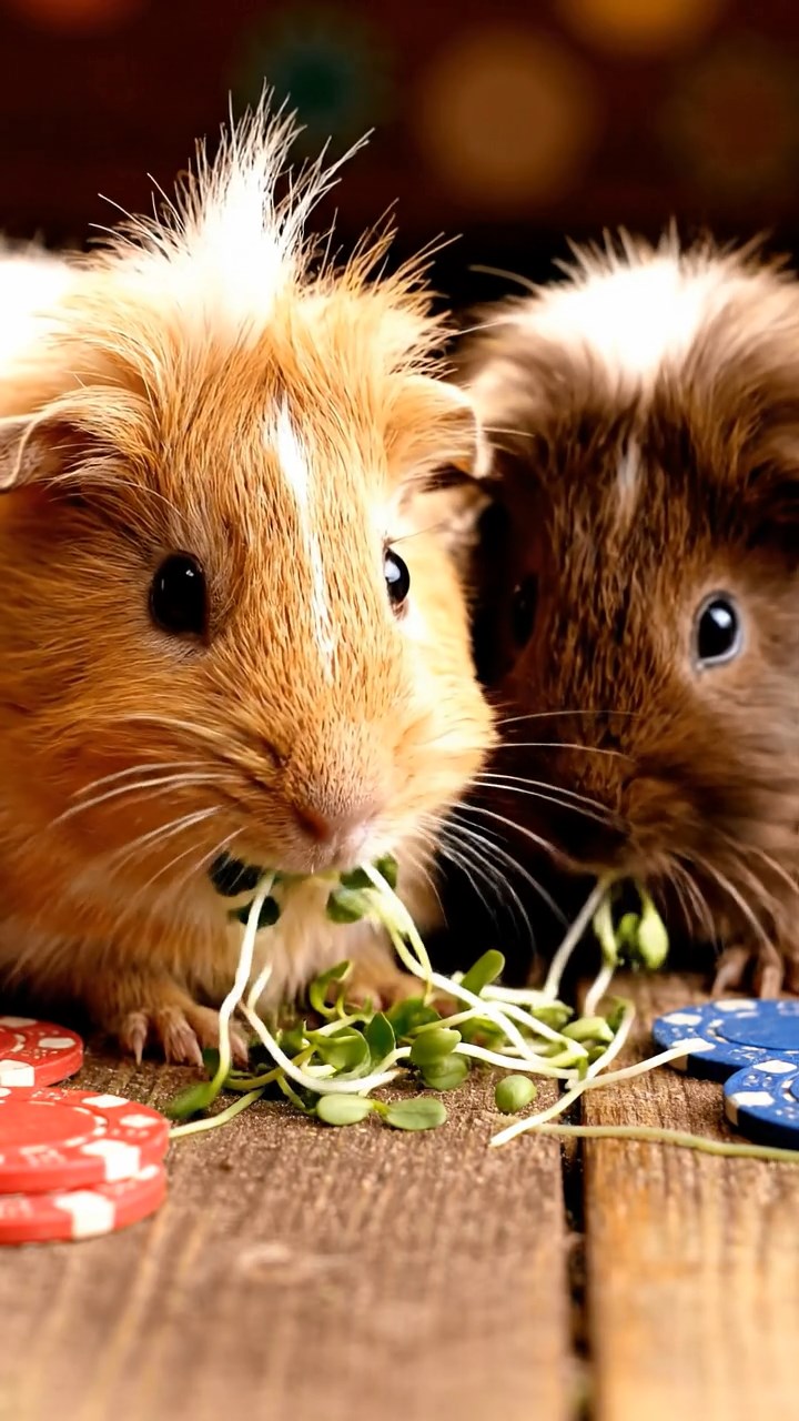 2129. Detailed image of 2 smooth haired White Crested guinea pigs with fawn and chocolate fur. eating alfalfa sprouts. on a dusty saloon counter with poker chips scattered.