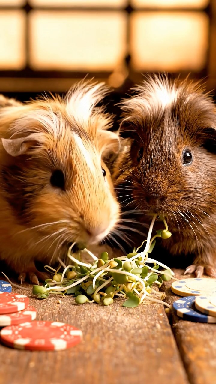 2129. Detailed image of 2 smooth haired White Crested guinea pigs with fawn and chocolate fur. eating alfalfa sprouts. on a dusty saloon counter with poker chips scattered.
