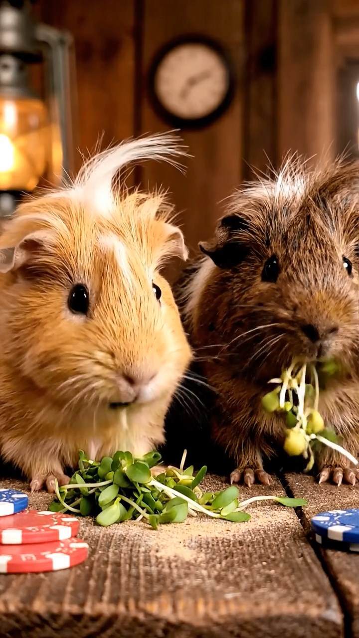 2129. Detailed image of 2 smooth haired White Crested guinea pigs with fawn and chocolate fur. eating alfalfa sprouts. on a dusty saloon counter with poker chips scattered.