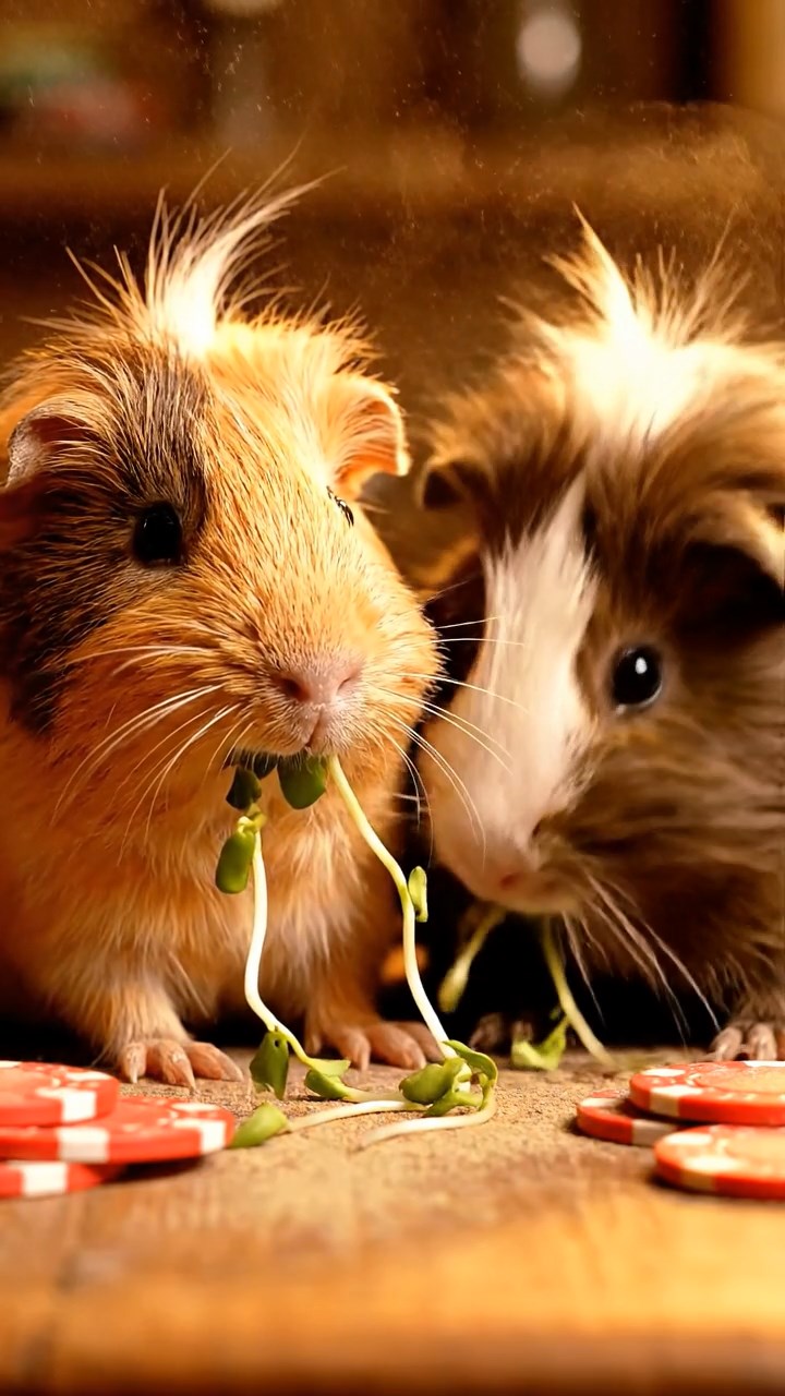 2129. Detailed image of 2 smooth haired White Crested guinea pigs with fawn and chocolate fur. eating alfalfa sprouts. on a dusty saloon counter with poker chips scattered.