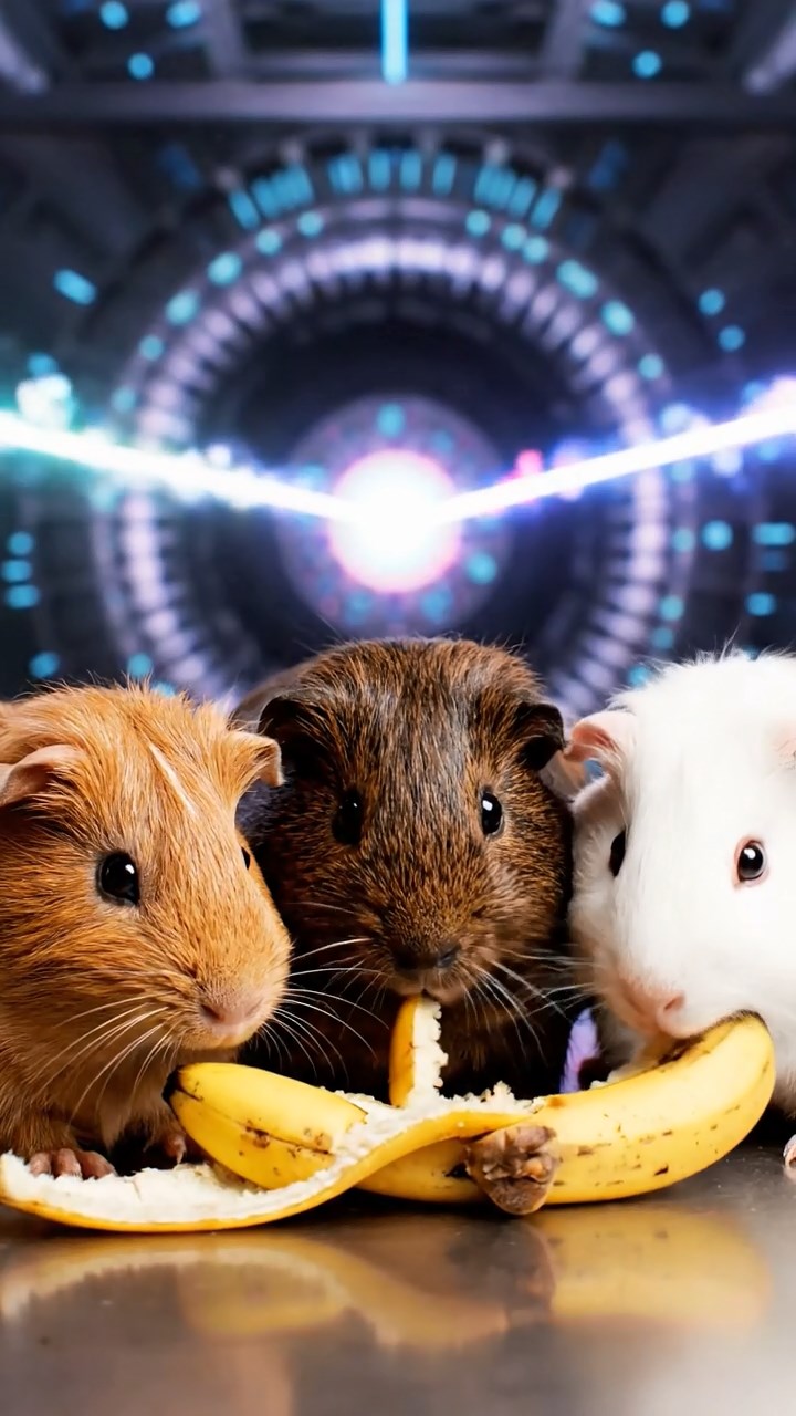 2130. Photorealistic scene of 3 smooth haired Skinny guinea pigs in cinnamon. sable. and white colors. nibbling on banana peels. inside a scientific collider facility with energy beams.