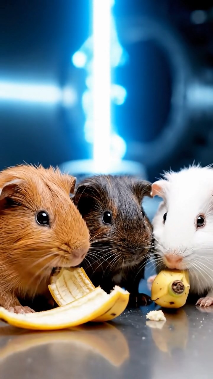 2130. Photorealistic scene of 3 smooth haired Skinny guinea pigs in cinnamon. sable. and white colors. nibbling on banana peels. inside a scientific collider facility with energy beams.