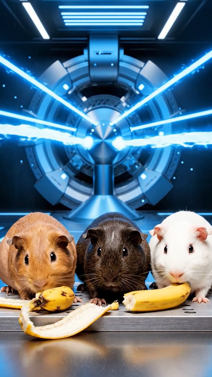 2130. Photorealistic scene of 3 smooth haired Skinny guinea pigs in cinnamon. sable. and white colors. nibbling on banana peels. inside a scientific collider facility with energy beams.