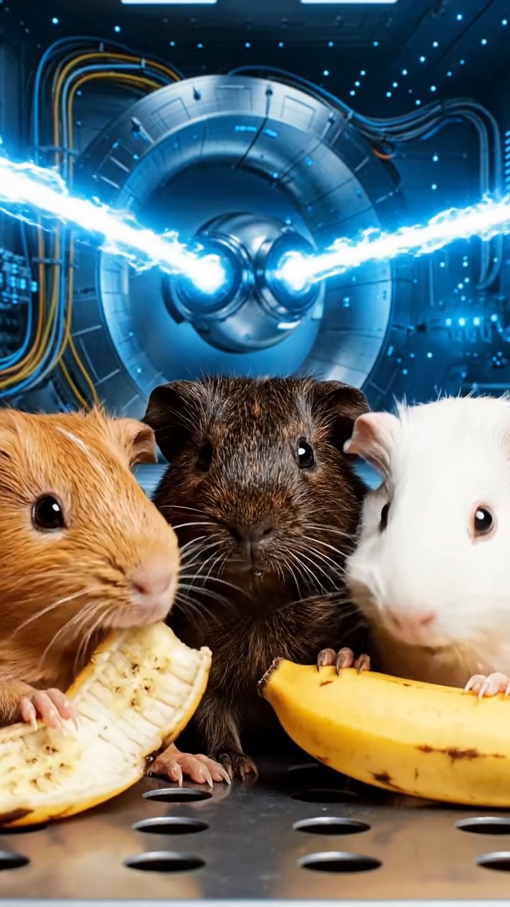 2130. Photorealistic scene of 3 smooth haired Skinny guinea pigs in cinnamon. sable. and white colors. nibbling on banana peels. inside a scientific collider facility with energy beams.
