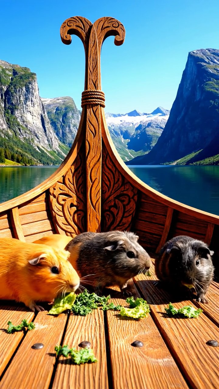 2131. Realistic photo of 5 smooth haired American guinea pigs with orange. gray. and black fur. chewing on kale chips. on a carved Viking vessel deck with fjords looming.