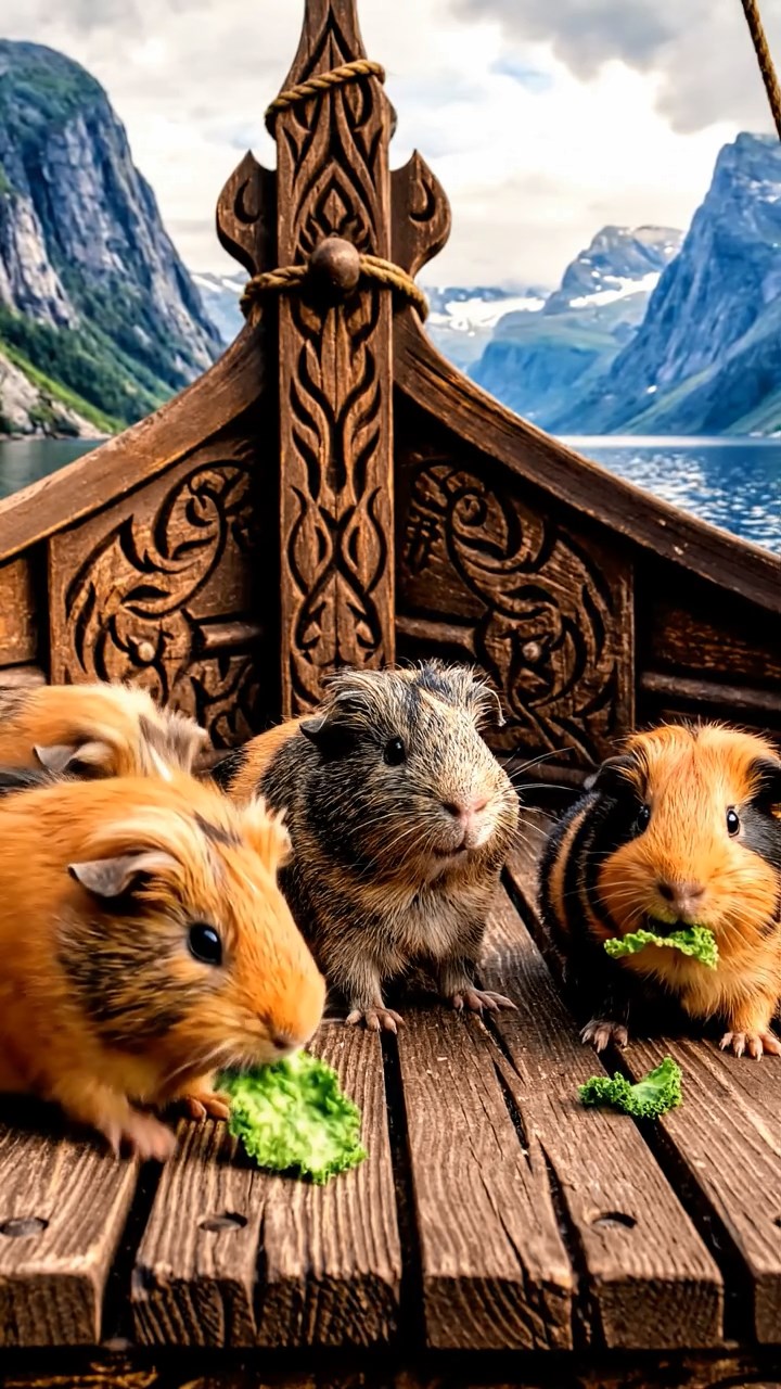 2131. Realistic photo of 5 smooth haired American guinea pigs with orange. gray. and black fur. chewing on kale chips. on a carved Viking vessel deck with fjords looming.