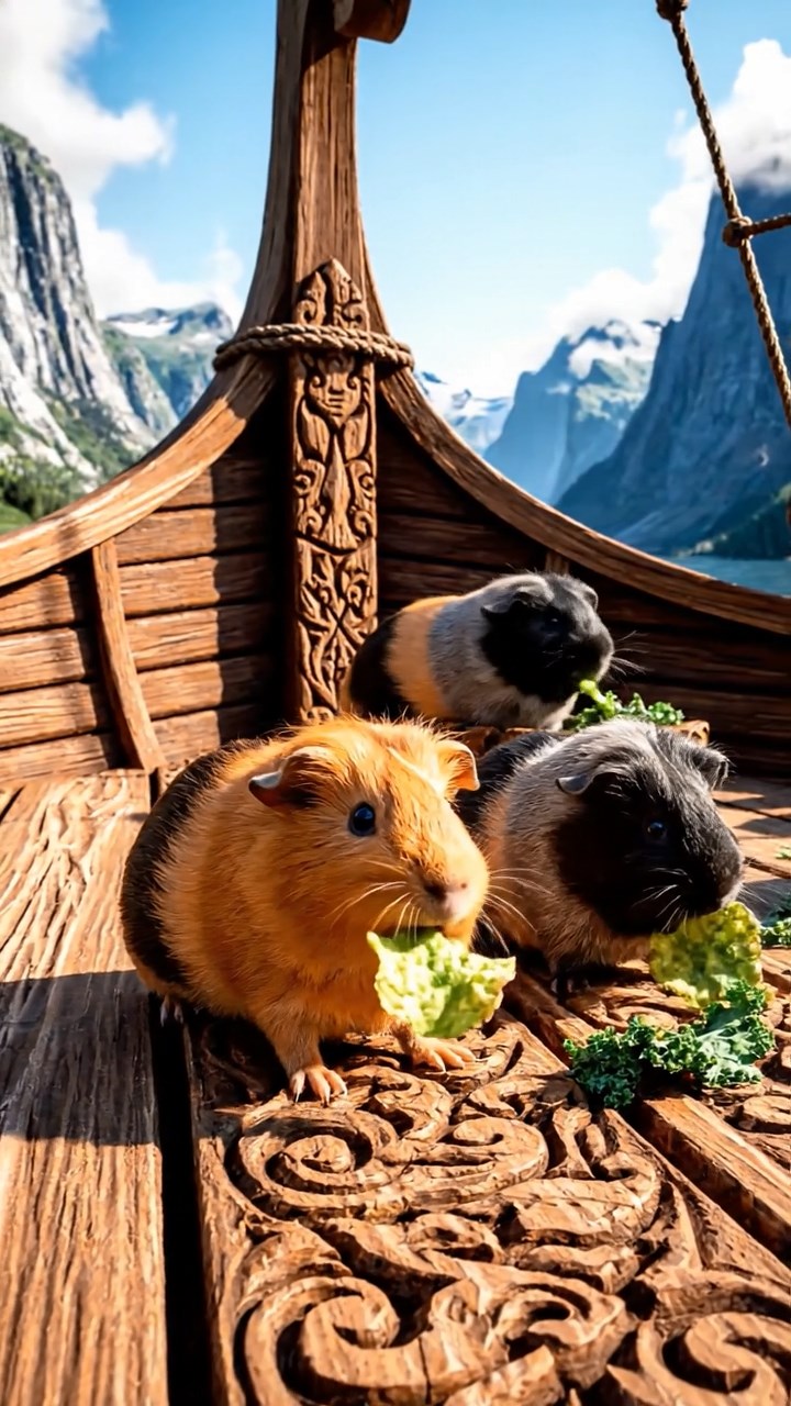 2131. Realistic photo of 5 smooth haired American guinea pigs with orange. gray. and black fur. chewing on kale chips. on a carved Viking vessel deck with fjords looming.