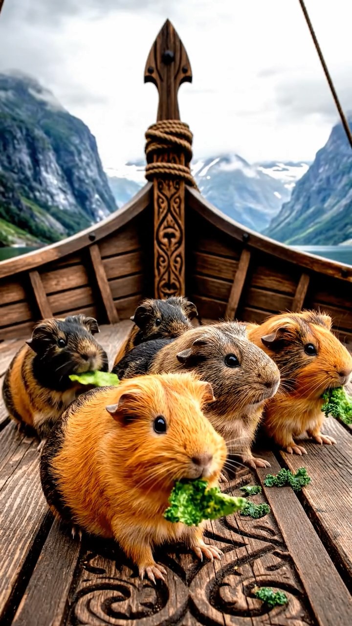 2131. Realistic photo of 5 smooth haired American guinea pigs with orange. gray. and black fur. chewing on kale chips. on a carved Viking vessel deck with fjords looming.
