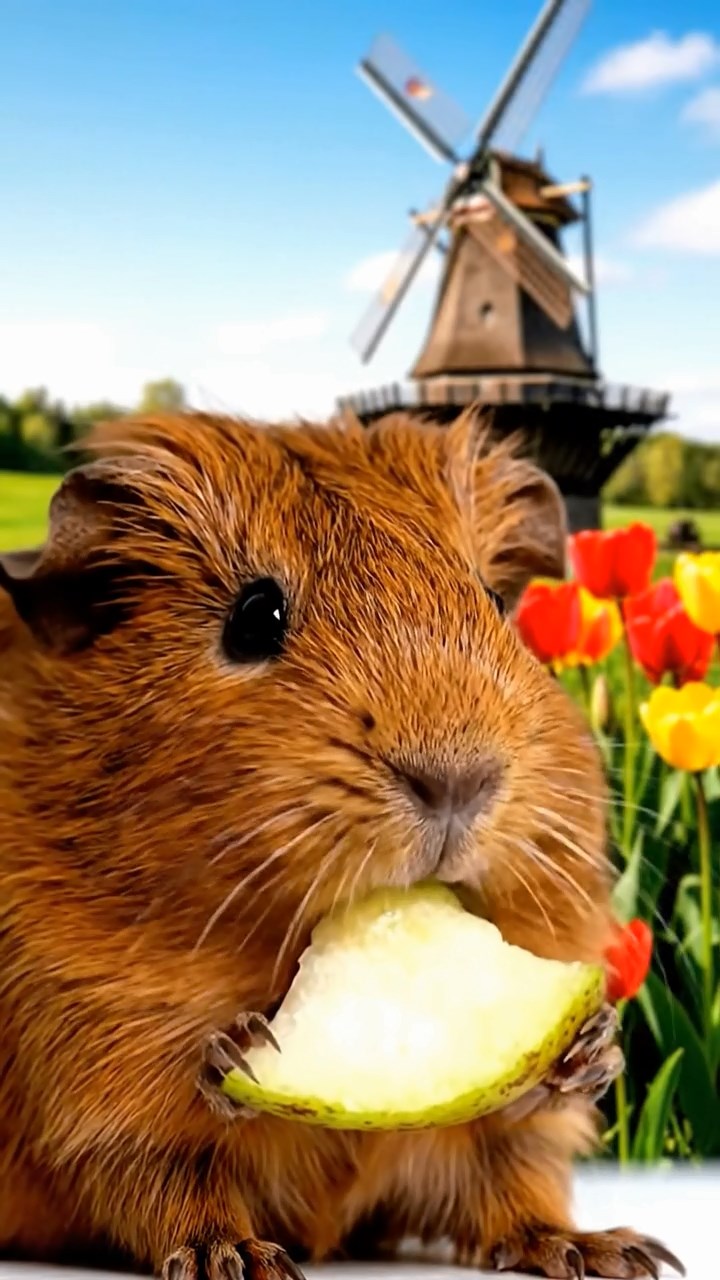 2132. Highly detailed view of 1 smooth haired Abyssinian guinea pig with brown fur. munching on pear slices. in a blooming spring tulip meadow with historic windmills.
