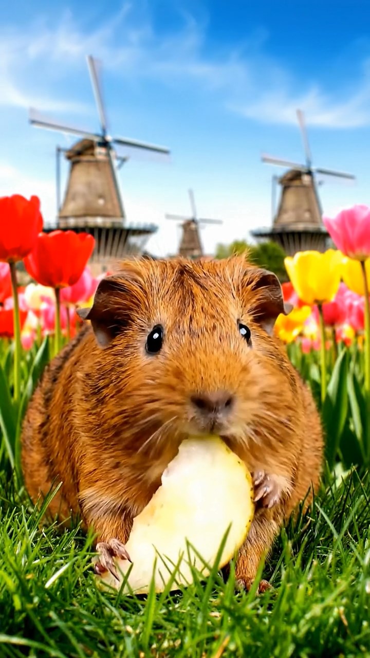 2132. Highly detailed view of 1 smooth haired Abyssinian guinea pig with brown fur. munching on pear slices. in a blooming spring tulip meadow with historic windmills.