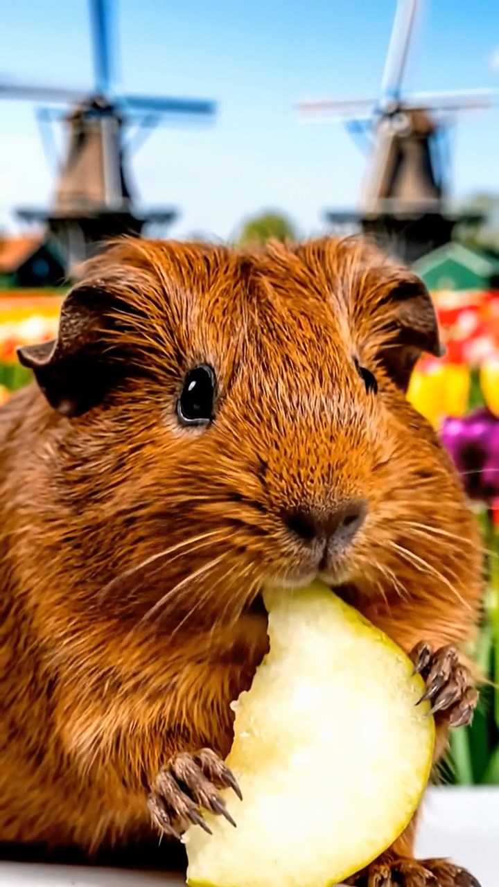 2132. Highly detailed view of 1 smooth haired Abyssinian guinea pig with brown fur. munching on pear slices. in a blooming spring tulip meadow with historic windmills.