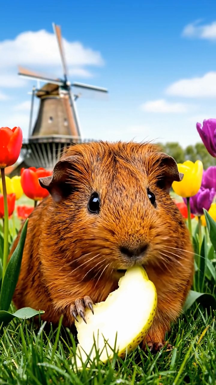 1828. Realistic depiction of 4 smooth-haired Coronet guinea pigs featuring black, brown, and cream coats, sharing carrot tops, in a curved aquarium walkway with rays gliding.