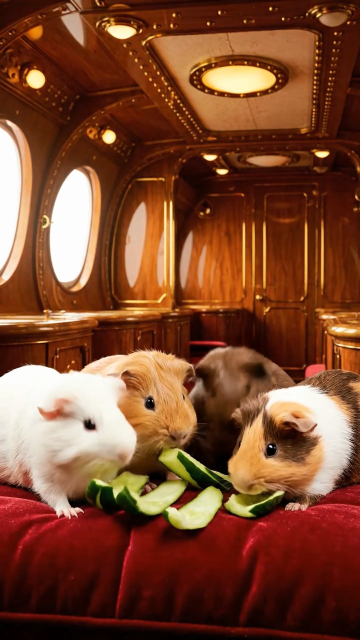 1828. Realistic depiction of 4 smooth-haired Coronet guinea pigs featuring black, brown, and cream coats, sharing carrot tops, in a curved aquarium walkway with rays gliding.