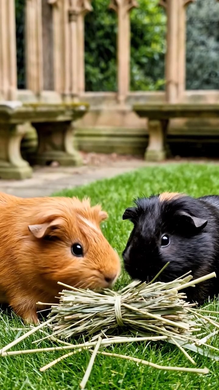 1829. Detailed image of 2 smooth-haired White Crested guinea pigs with fawn and chocolate fur, eating alfalfa sprouts, on a hay wagon in a harvested field.