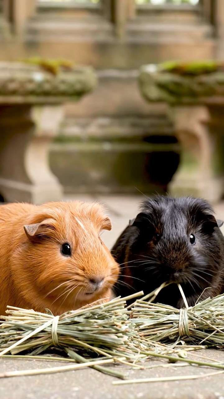 1829. Detailed image of 2 smooth-haired White Crested guinea pigs with fawn and chocolate fur, eating alfalfa sprouts, on a hay wagon in a harvested field.