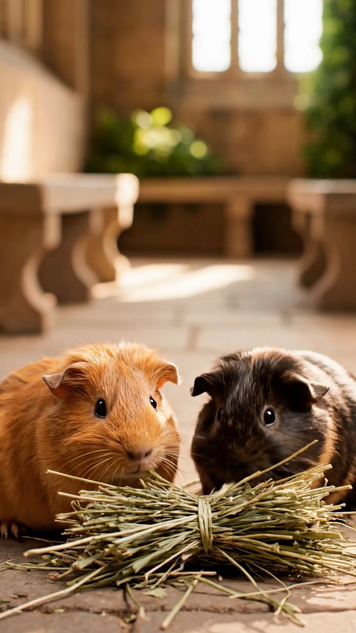 1829. Detailed image of 2 smooth-haired White Crested guinea pigs with fawn and chocolate fur, eating alfalfa sprouts, on a hay wagon in a harvested field.