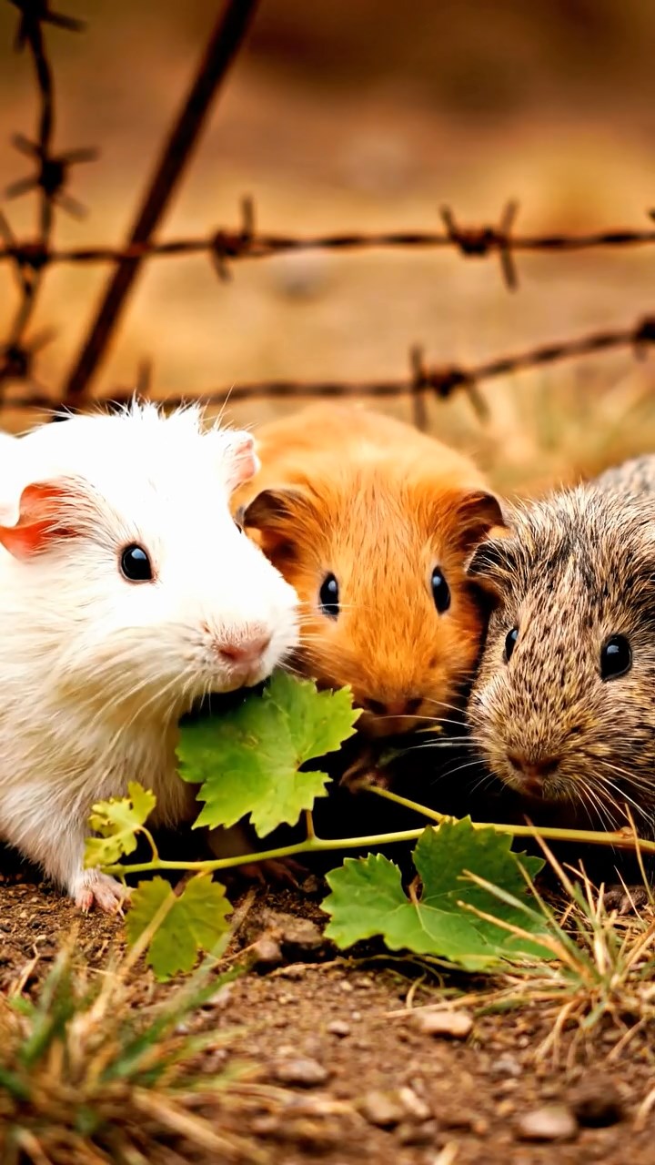 1829. Detailed image of 2 smooth-haired White Crested guinea pigs with fawn and chocolate fur, eating alfalfa sprouts, on a hay wagon in a harvested field.