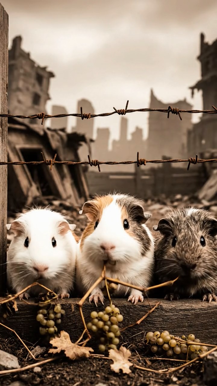 1830. Photorealistic scene of 3 smooth-haired Skinny guinea pigs in cinnamon, sable, and white colors, nibbling on banana peels, inside a satellite module with solar panels.