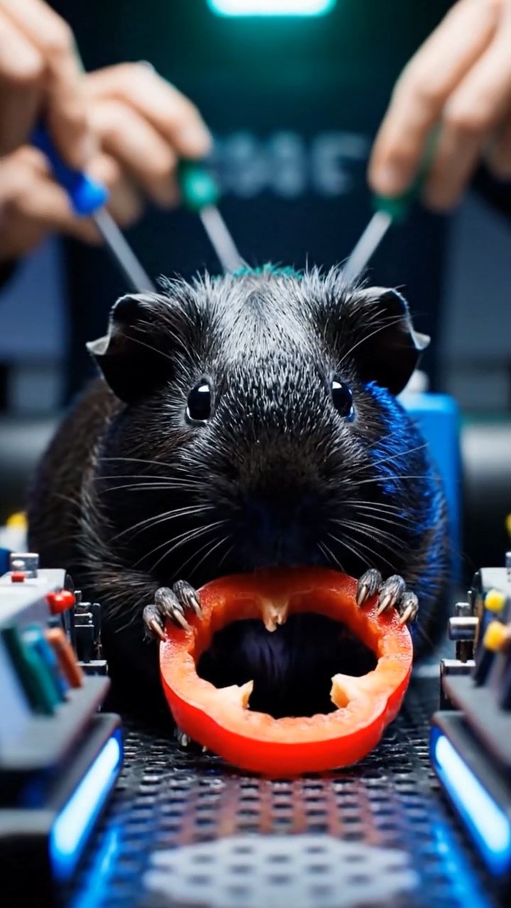1831. Realistic photo of 5 smooth-haired American guinea pigs with orange, gray, and black fur, chewing on kale chips, on a tall ship mast lookout with sails billowing.