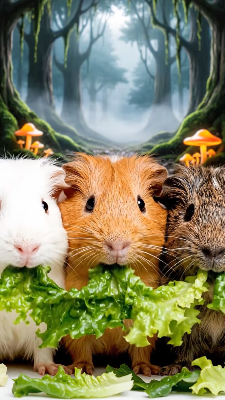 1001. A realistic close-up photo of 3 smooth-haired American guinea pigs with white, orange, and gray fur, eagerly munching on fresh lettuce leaves, in a misty enchanted forest with glowing mushrooms and ancient trees under soft moonlight.
