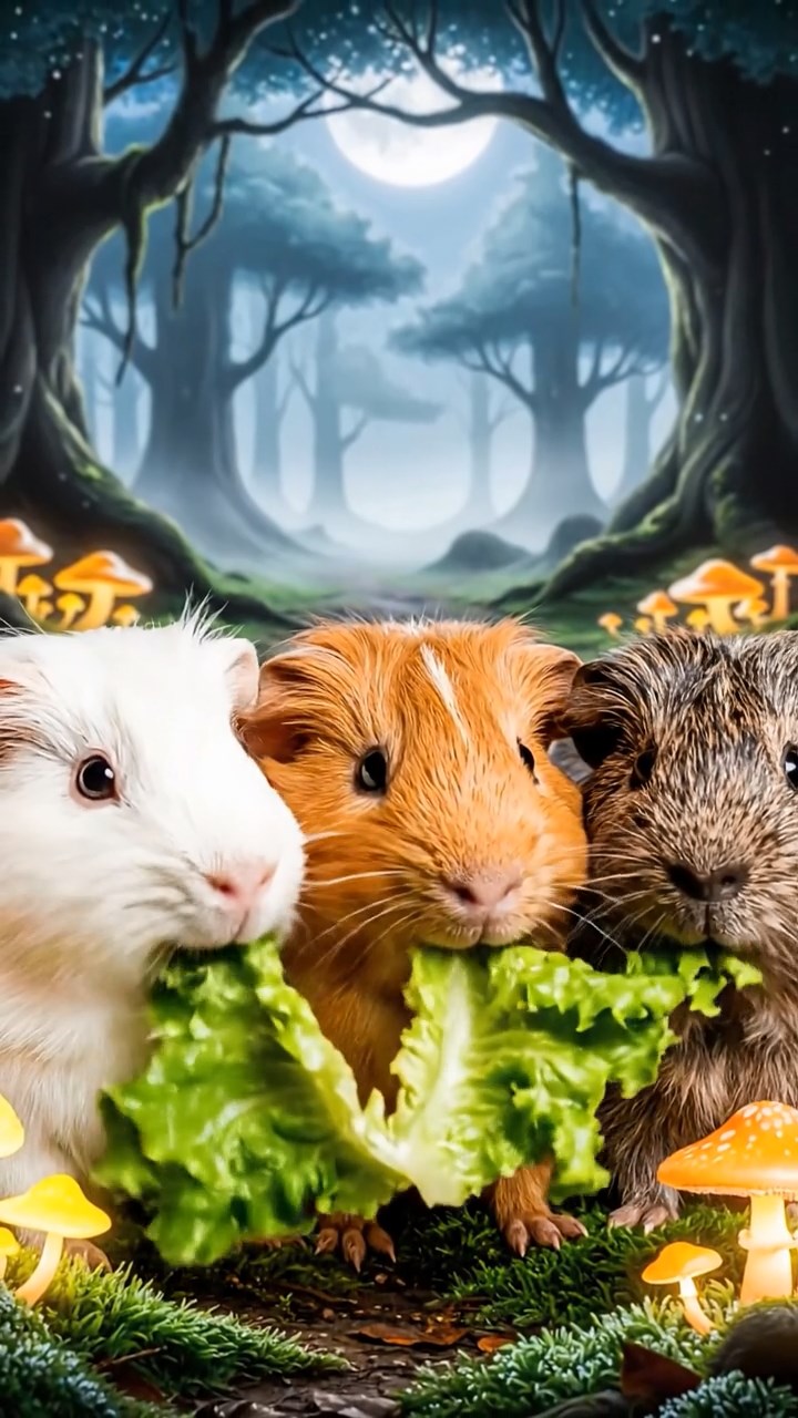 1001. A realistic close-up photo of 3 smooth-haired American guinea pigs with white, orange, and gray fur, eagerly munching on fresh lettuce leaves, in a misty enchanted forest with glowing mushrooms and ancient trees under soft moonlight.
