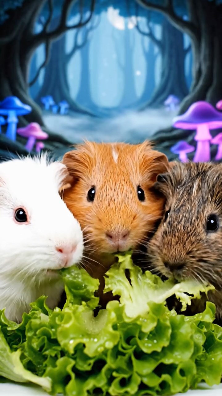 1001. A realistic close-up photo of 3 smooth-haired American guinea pigs with white, orange, and gray fur, eagerly munching on fresh lettuce leaves, in a misty enchanted forest with glowing mushrooms and ancient trees under soft moonlight.