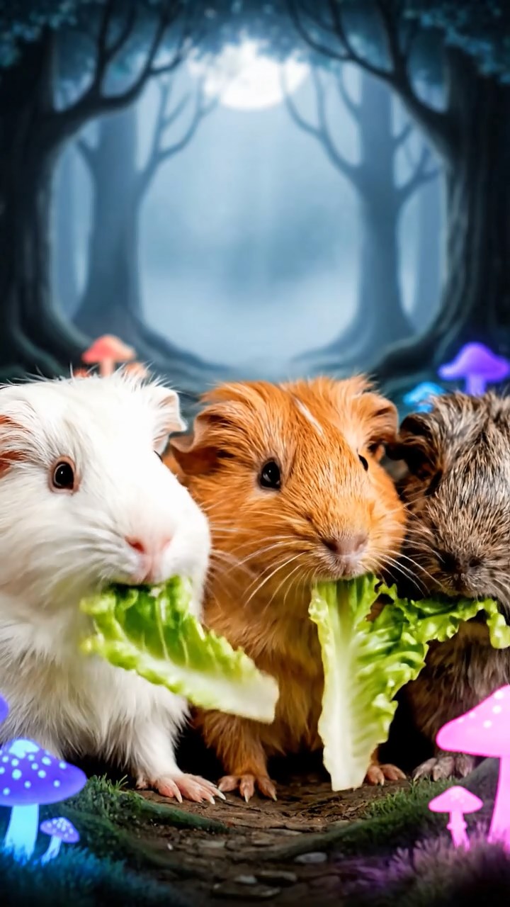 1001. A realistic close-up photo of 3 smooth-haired American guinea pigs with white, orange, and gray fur, eagerly munching on fresh lettuce leaves, in a misty enchanted forest with glowing mushrooms and ancient trees under soft moonlight.