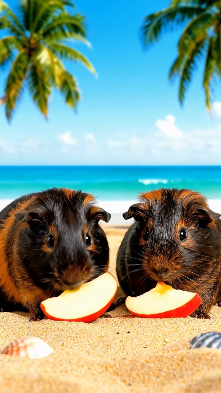 1002. Highly detailed realistic image of 2 smooth-haired Abyssinian guinea pigs featuring black and brown coats, nibbling on apple slices, on a tropical paradise beach with palm trees swaying and turquoise waves crashing.