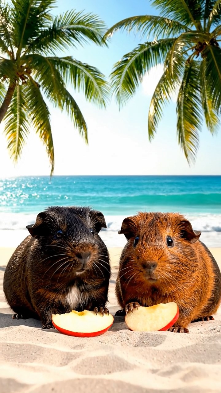 1002. Highly detailed realistic image of 2 smooth-haired Abyssinian guinea pigs featuring black and brown coats, nibbling on apple slices, on a tropical paradise beach with palm trees swaying and turquoise waves crashing.