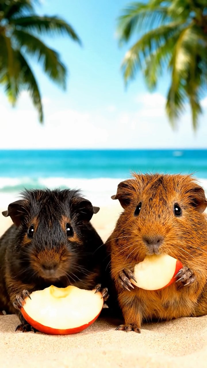 1002. Highly detailed realistic image of 2 smooth-haired Abyssinian guinea pigs featuring black and brown coats, nibbling on apple slices, on a tropical paradise beach with palm trees swaying and turquoise waves crashing.