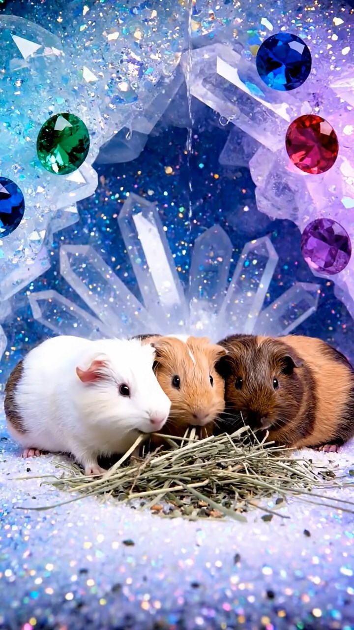 1003. Photorealistic scene of 4 smooth-haired Peruvian guinea pigs with cream, fawn, and chocolate fur, eating dried timothy hay, inside a hidden crystal cave with sparkling gems and echoing drips.