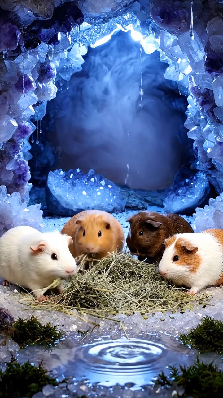 1003. Photorealistic scene of 4 smooth-haired Peruvian guinea pigs with cream, fawn, and chocolate fur, eating dried timothy hay, inside a hidden crystal cave with sparkling gems and echoing drips.