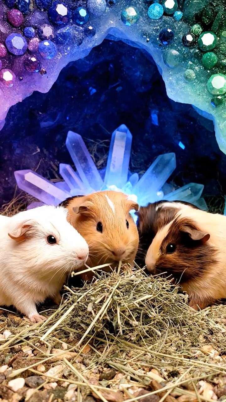 1003. Photorealistic scene of 4 smooth-haired Peruvian guinea pigs with cream, fawn, and chocolate fur, eating dried timothy hay, inside a hidden crystal cave with sparkling gems and echoing drips.