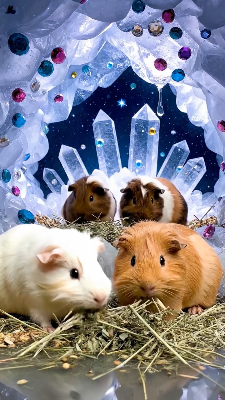 1003. Photorealistic scene of 4 smooth-haired Peruvian guinea pigs with cream, fawn, and chocolate fur, eating dried timothy hay, inside a hidden crystal cave with sparkling gems and echoing drips.