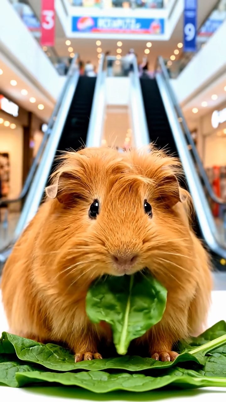 1004. Realistic depiction of 1 smooth-haired Silkie guinea pig with cinnamon fur, chewing on spinach leaves, in a vibrant city mall atrium with escalators and colorful shop displays.