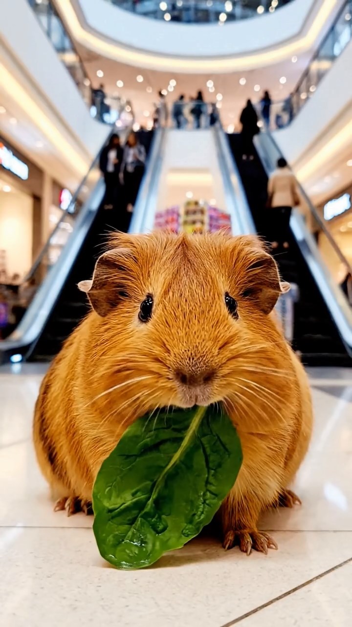1004. Realistic depiction of 1 smooth-haired Silkie guinea pig with cinnamon fur, chewing on spinach leaves, in a vibrant city mall atrium with escalators and colorful shop displays.