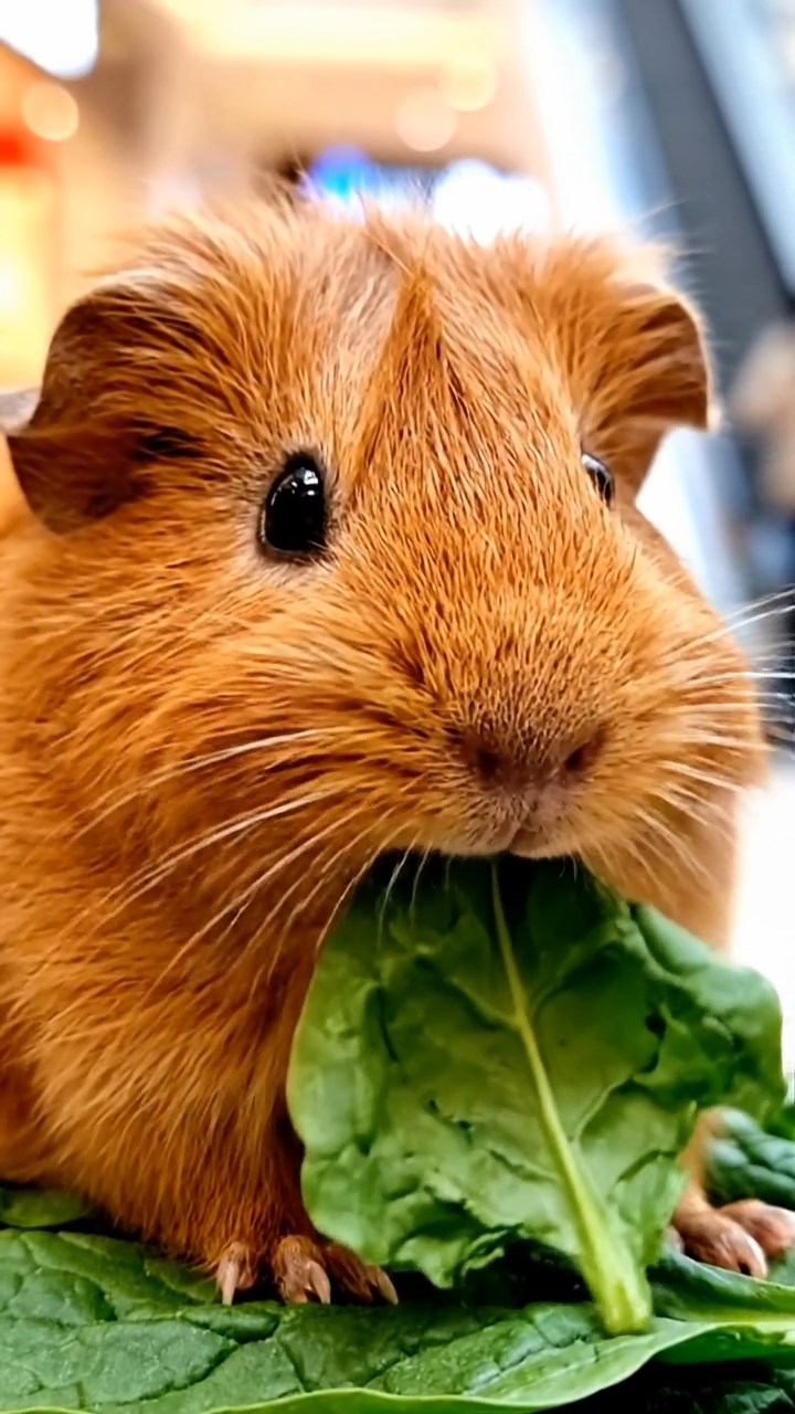 1004. Realistic depiction of 1 smooth-haired Silkie guinea pig with cinnamon fur, chewing on spinach leaves, in a vibrant city mall atrium with escalators and colorful shop displays.