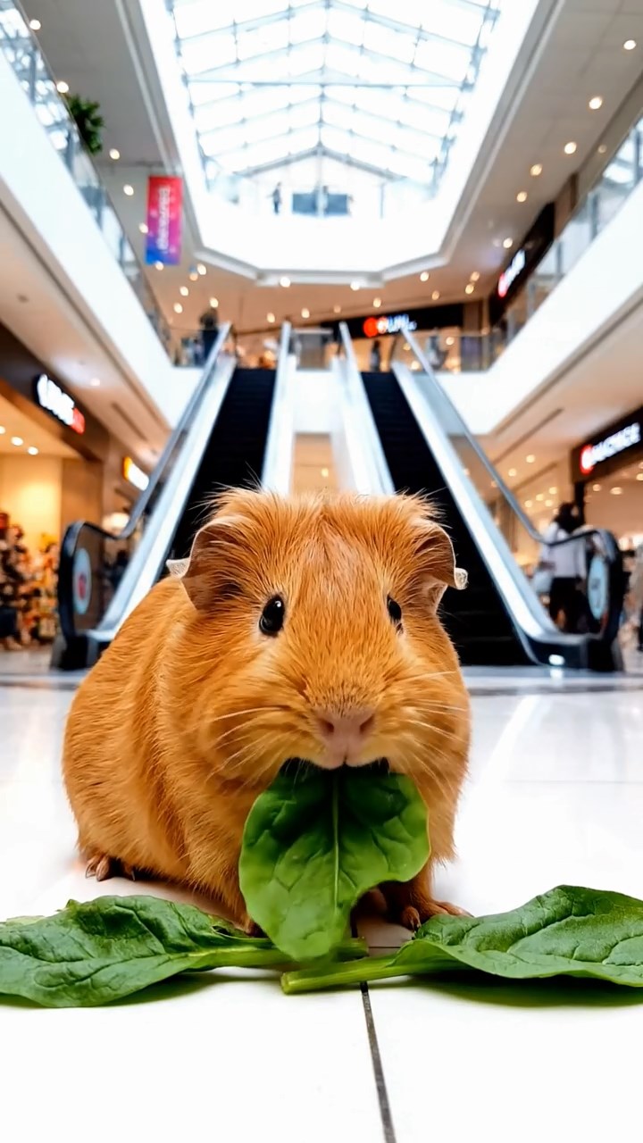 1004. Realistic depiction of 1 smooth-haired Silkie guinea pig with cinnamon fur, chewing on spinach leaves, in a vibrant city mall atrium with escalators and colorful shop displays.
