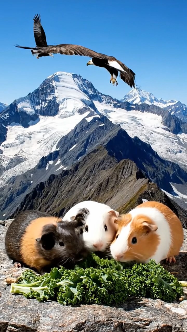 1005. Detailed realistic photo of 5 smooth-haired Teddy guinea pigs in sable, white, and orange colors, sharing kale greens, on a majestic mountain peak with snow-capped summits and eagles soaring.