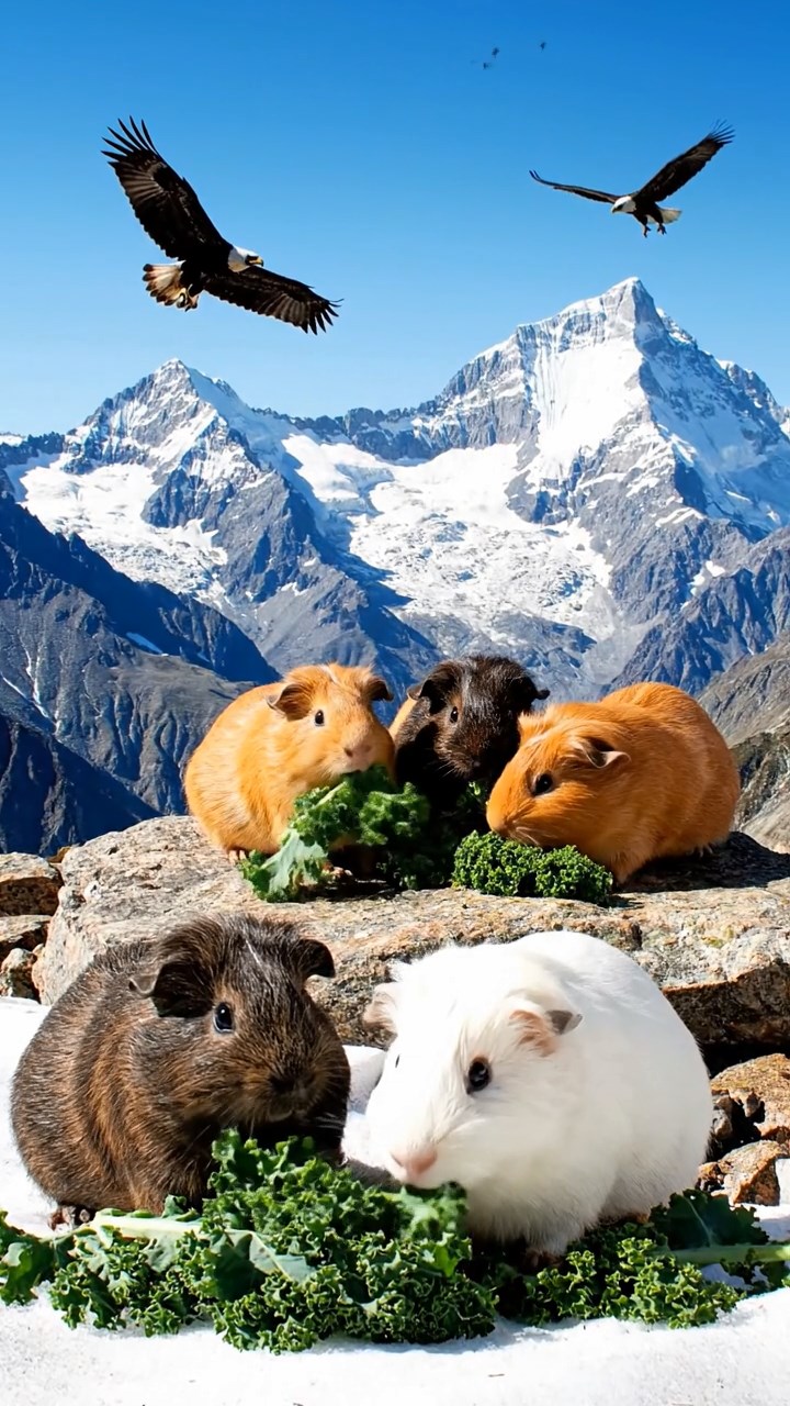 1005. Detailed realistic photo of 5 smooth-haired Teddy guinea pigs in sable, white, and orange colors, sharing kale greens, on a majestic mountain peak with snow-capped summits and eagles soaring.