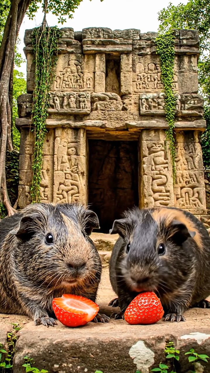 1006. Photorealistic view of 2 smooth-haired Texel guinea pigs with gray and black fur, enjoying strawberry halves, amid ancient Mayan ruins overgrown with vines and mysterious carvings.