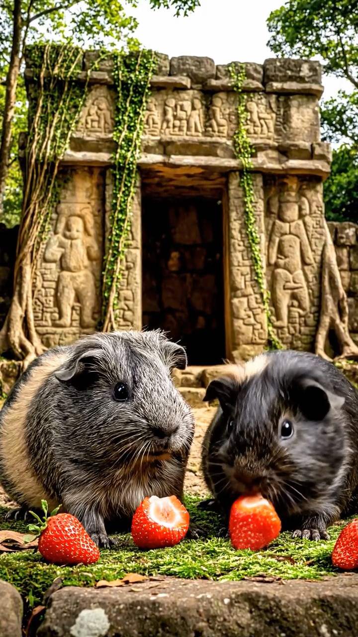 1006. Photorealistic view of 2 smooth-haired Texel guinea pigs with gray and black fur, enjoying strawberry halves, amid ancient Mayan ruins overgrown with vines and mysterious carvings.