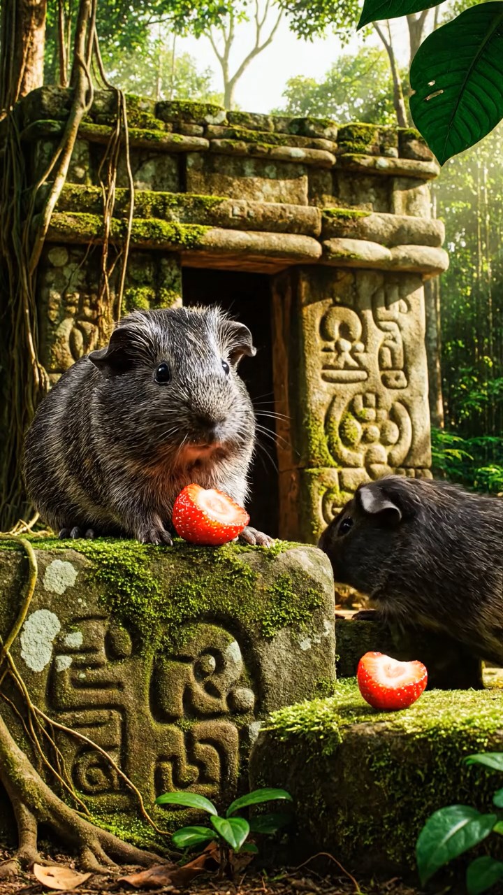 1006. Photorealistic view of 2 smooth-haired Texel guinea pigs with gray and black fur, enjoying strawberry halves, amid ancient Mayan ruins overgrown with vines and mysterious carvings.
