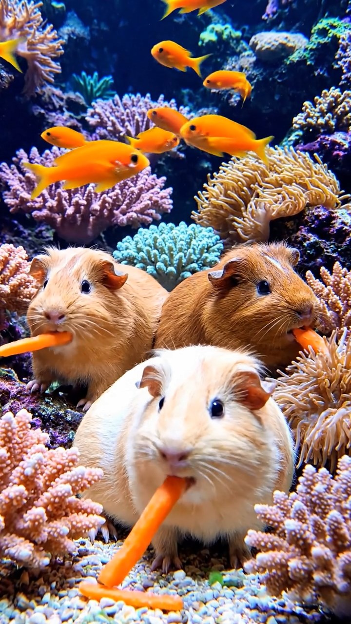 1007. Realistic image of 3 smooth-haired Rex guinea pigs featuring brown, cream, and fawn coats, munching on carrot sticks, in a vibrant underwater coral kingdom with schools of fish and sea anemones.