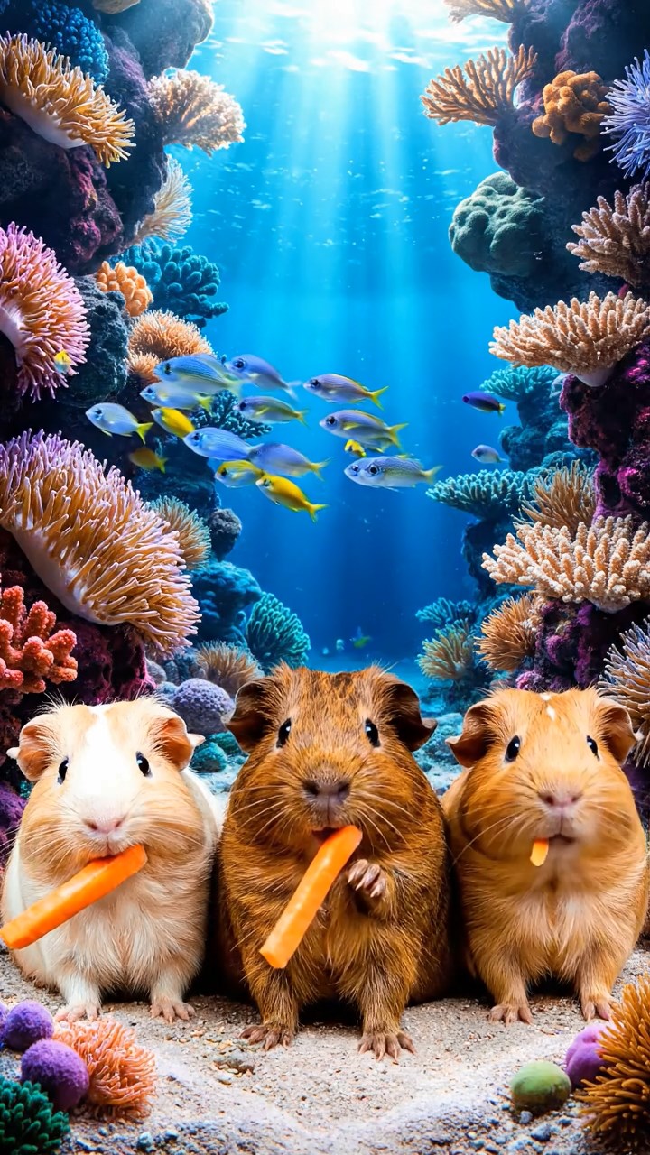 1007. Realistic image of 3 smooth-haired Rex guinea pigs featuring brown, cream, and fawn coats, munching on carrot sticks, in a vibrant underwater coral kingdom with schools of fish and sea anemones.