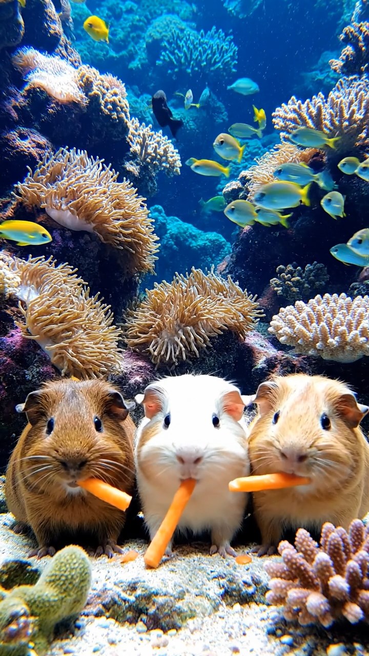 1007. Realistic image of 3 smooth-haired Rex guinea pigs featuring brown, cream, and fawn coats, munching on carrot sticks, in a vibrant underwater coral kingdom with schools of fish and sea anemones.